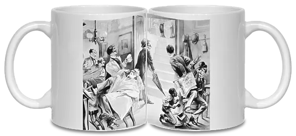 BARBER SHOP, 19th CENTURY. A sporty barbershop on a rainy day. American newspaper illustration
