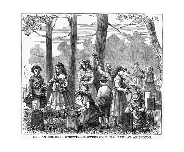 MEMORIAL DAY, 1868. Orphan children laying wreaths and strewing flowers on the