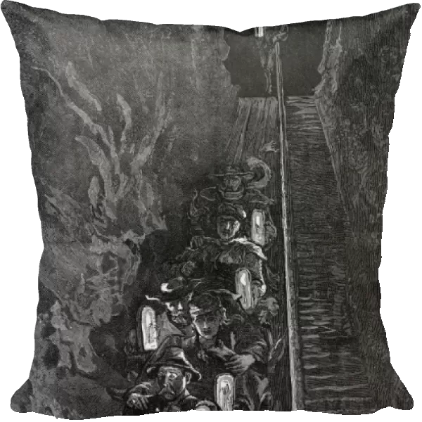GERMANY: SALT MINE, 1875. Tourists sliding down a wooden slide to the lower level