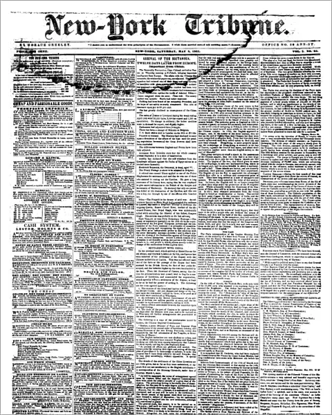 NEW YORK TRIBUNE, 1841. The front page of the New York Tribune, 8 May 1841