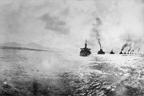 US NAVY, 1908. A U. S. Navy fleet passing Pago-Pago, American Samoa. Photograph, 1908