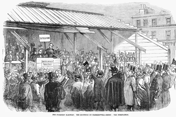 ENGLAND: ELECTION, 1857. The Finsbury election: The hustings on Clerkenwell Green