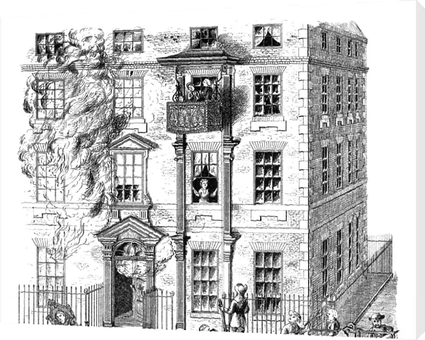 FIRE ESCAPE, 1791. A movable balcony fire escape in England, 1791. Engraving, English