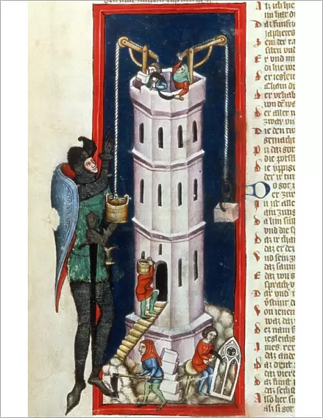 TOWER OF BABEL, 1375. Nimrod building the Tower of Babel: German ms. illumination