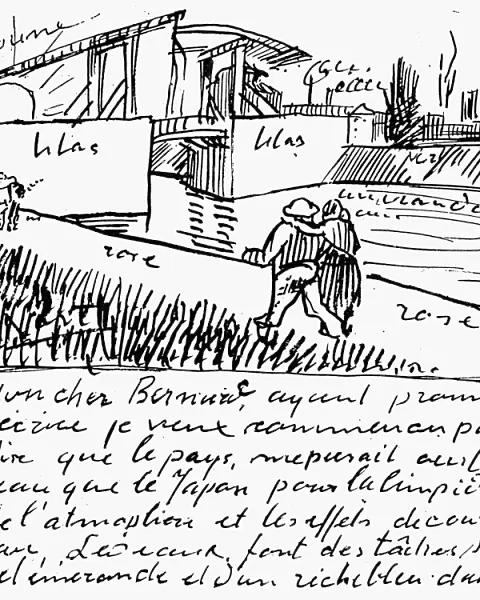 VAN GOGH: LETTER, 1888. Ink sketch of a painting of the drawbridge near Arles