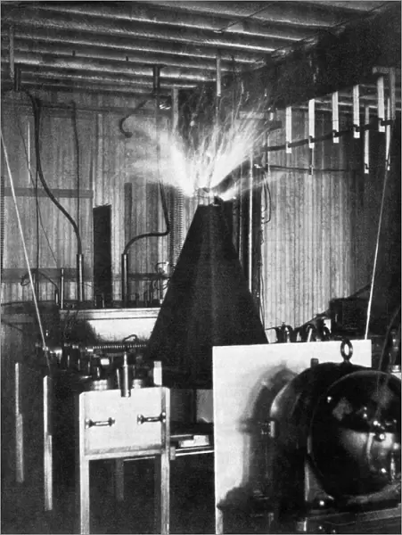 TESLA COIL, 1894. The Tesla coil in Nikola Teslas laboratory in New York. Photograph