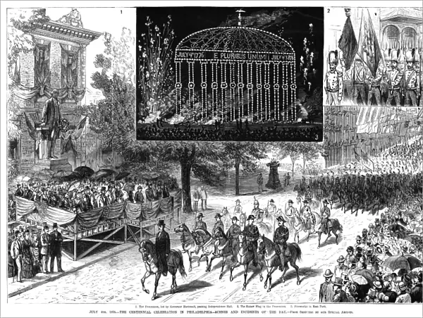 CENTENNIAL FAIR, 1876. Parade passing Independence Hall in Philadelphia, Pennsylvania