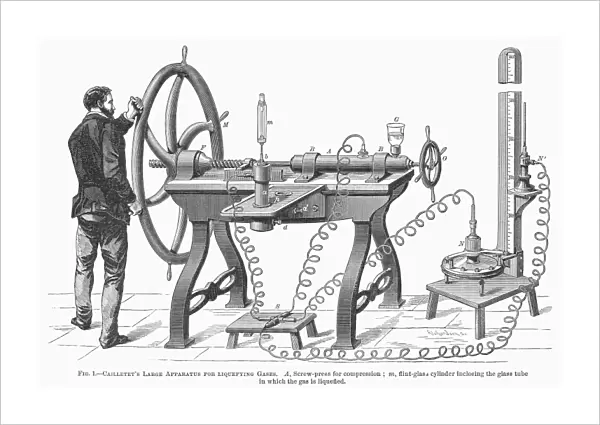 LIQUEFYING GAS, 1878. Louis-Paul Cailletets apparatus for liquefying oxygen. Wood engraving