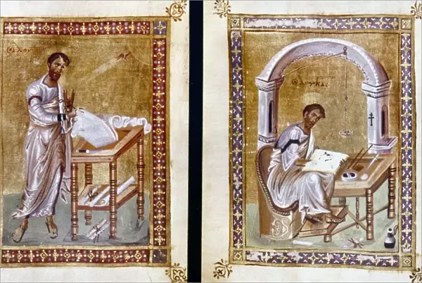 BYZANTINE EMPIRE: SAINT LUKE writing on a scroll (left) and in a book: Byzantine