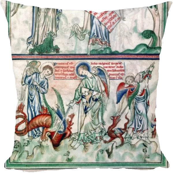 APOCALYPSE. Two angels with scroll (top); defeat of dragon (bottom); (Rev. 12: 7-12)