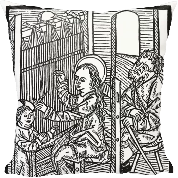 VIRGIN MARY, 1486. The Virgin weaving. Woodcut, 1486, from Boek Van Der Bedroffenisse Marien
