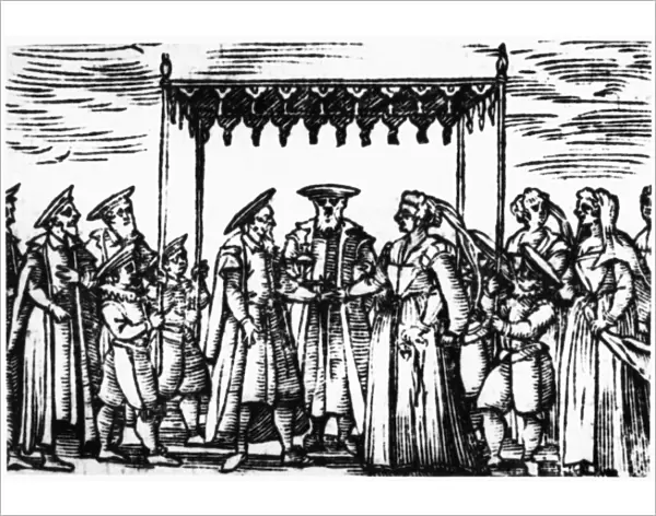 JEWISH WEDDING, 1601. A Jewish wedding ceremony. Woodcut, Venice, 1601