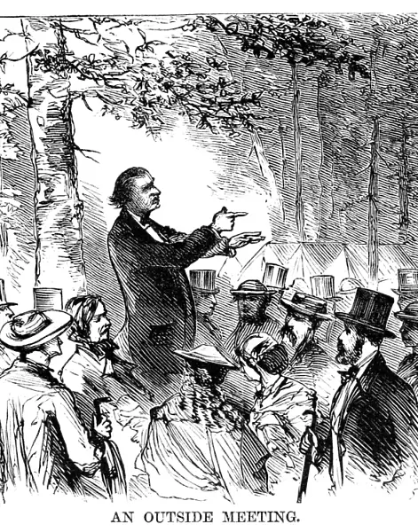 CAMP MEETING, 1869. An outdoor preacher at the national Methodist camp meeting