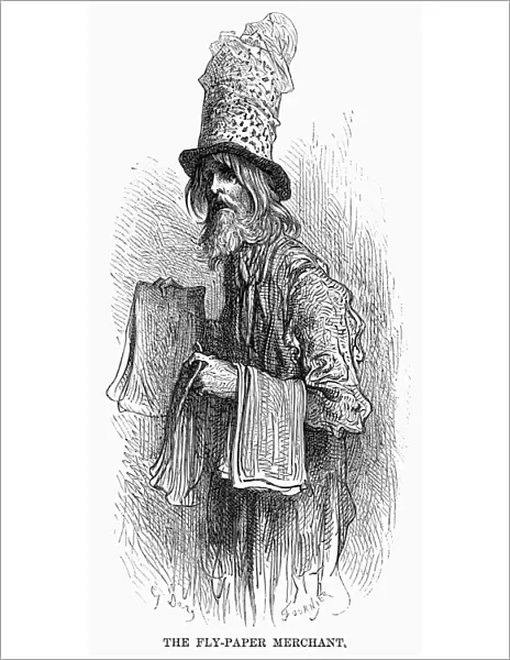 DORE: LONDON, 1872. The Fly-Paper Merchant. Wood engraving after Gustave Dore from London