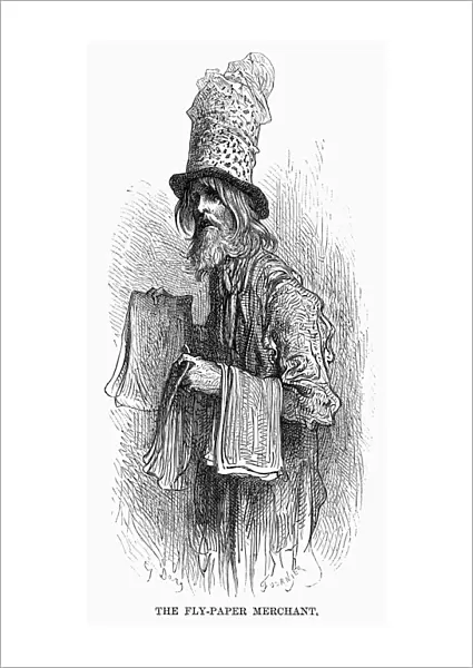 DORE: LONDON, 1872. The Fly-Paper Merchant. Wood engraving after Gustave Dore from London