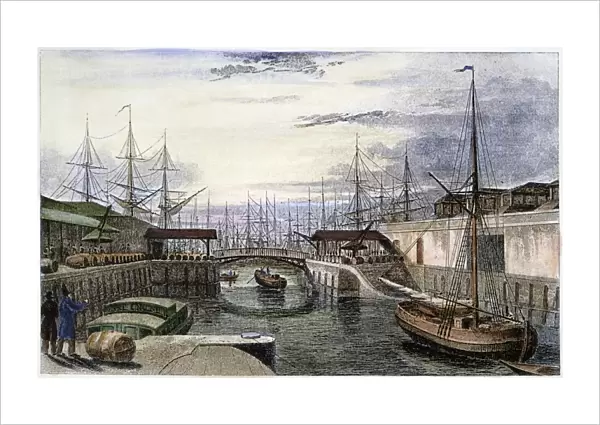 ENGLAND: LONDON, 1831. View of the London docks, looking west. Steel engraving