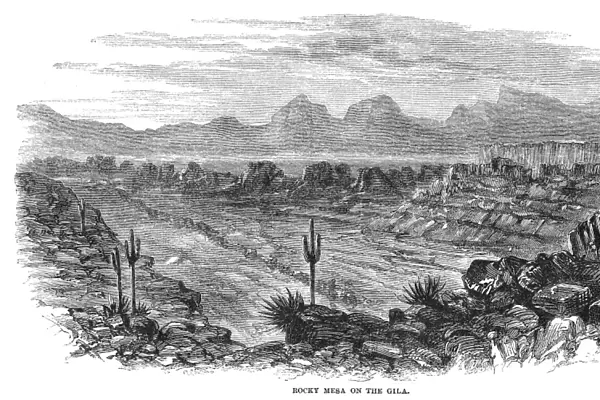 ARIZONA: MESA, 1864. A rocky mesa along the Gila River in Arizona. Wood engraving