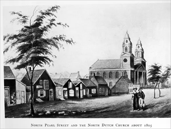 NEW YORK: ALBANY, c1805. North Pearl Street and the North Dutch Church in Albany, New York, c1805
