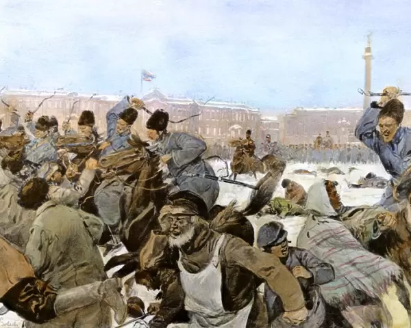 RUSSIA: REVOLUTION OF 1905. Cossacks riding down unarmed factory workers who had