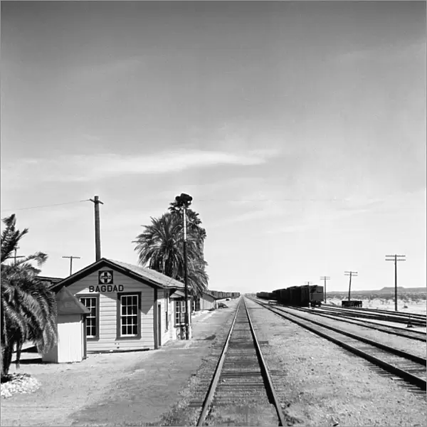 CALIFORNIA: RAILROAD, 1943. The railroad station in Bagdad, California on the Atchison