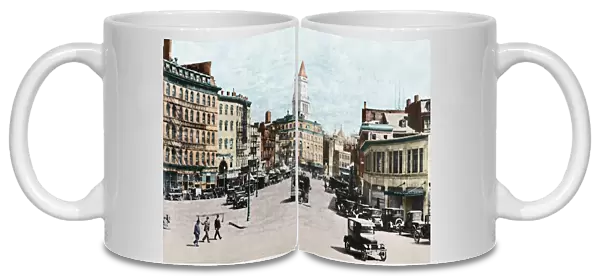 BOSTON: BOWDOIN SQUARE. Bowdoin Square, Boston, Massachusetts. Colored photograph, c1919