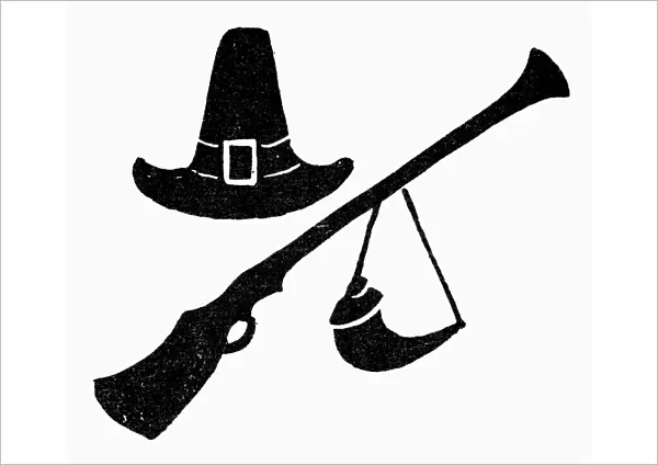 SYMBOL: THANKSGIVING. Hat, rifle, and powder horn, symbols of pilgrims and Thanksgiving