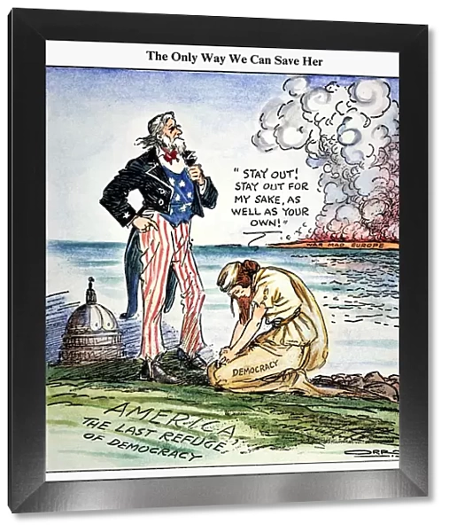 CARTOON: U. S. INTERVENTION. The Only Way We Can Save Her [Democracy]: American cartoon, 1939, by Carey Orr against U. S. intervention in European wars