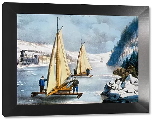 CURRIER & IVES WINTER SCENE. Ice-Boat Race on the Hudson : undated (c1860) lithograph by Currier & Ives