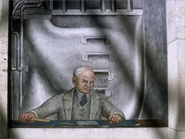 DIEGO RIVERA: HENRY FORD. Detail from Diego Riveras mural depicting the American automobile industry at The Detroit Institue of Arts, 1932-1933
