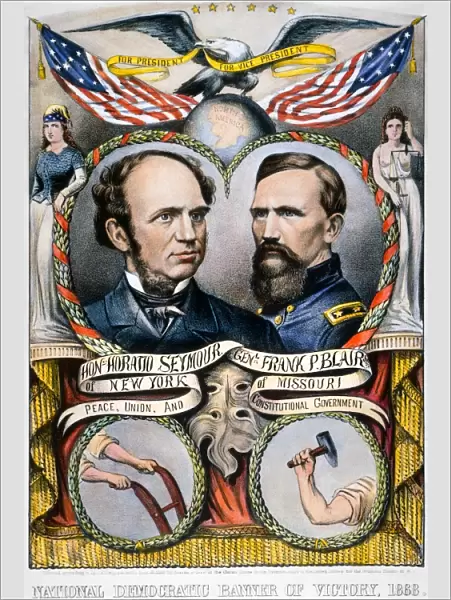 PRES. CAMPAIGN: 1868. Horatio Seymour and Francis Preston Blair, Jr, as the Democratic party candidates for president and vice president of the United States on a lithograph campaign poster of 1868 by Currier & Ives