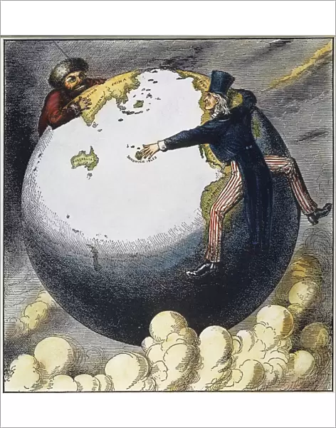 IMPERIALISM CARTOON, 1876. The Two Young Giants, Ivan and Jonathan, Reaching for Asia by Opposite Routes. American cartoon, 1876, by Frank Bellow occasioned by the United States signing a commercial pact with Hawaii and Russias expansion into China