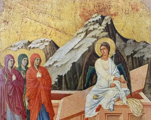 DUCCIO: THREE MARYS. The three Marys at the tomb of Christ. Oil on wood by Duccio di Buoninsegna, c1308-1311