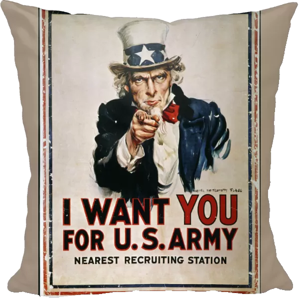 WORLD WAR I: UNCLE SAM. James Montgomery Flaggs famous I Want You U. S. Army recruiting poster of 1918, used again in every subsequent American war