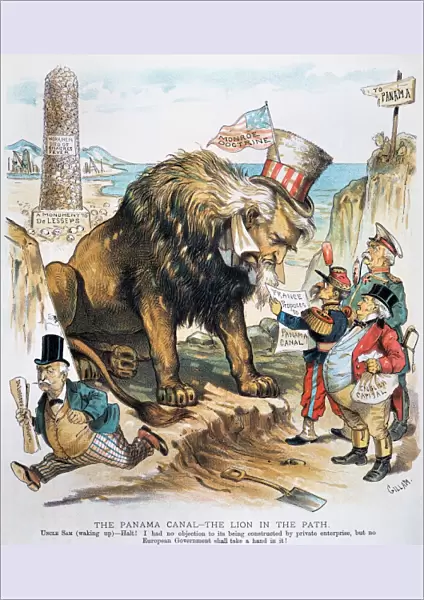 MONROE DOCTRINE: CARTOON. American cartoon by Bernard Gillam, 1889, invoking the Monroe Doctrine against European participation in building the Panama Canal
