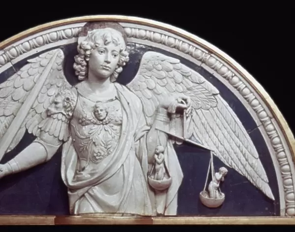 ST. MICHAEL THE ARCHANGEL. Terracotta lunette, c1475, by Andrea Della Robbia