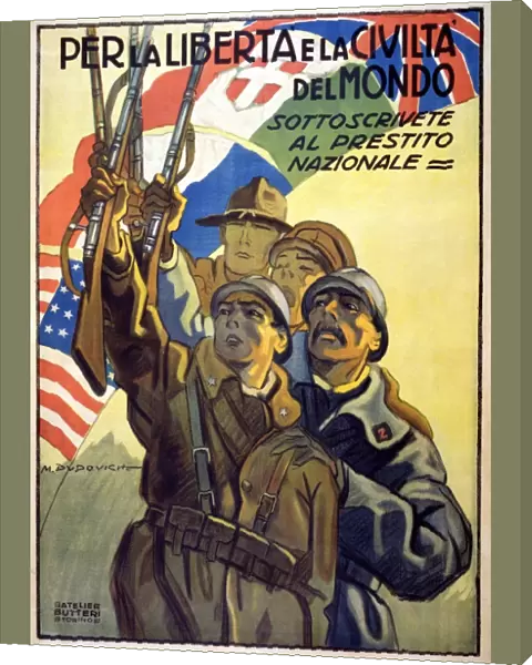 WORLD WAR I: ITALIAN POSTER. Soldiers from Italy, Great Britain, France and the United States, bearing their respective flags. Lithograph poster by Marcello Dudovich, encouraging citizens to subscribe to the National Loan during World War I