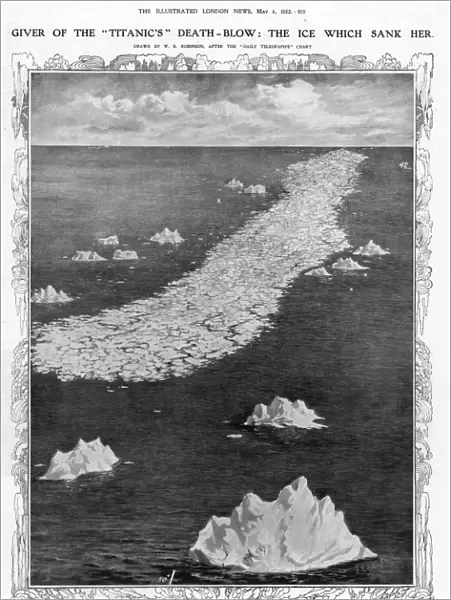 TITANIC: ICEBERG, 1912. The ice which sank the Titanic. The single cross, on the left-hand side of the ice-floe, marks the spot where the ship Birma answered the call for help, the position for which was given wrongly. The double crosses, on the right of the ice-floe, mark the spot where the Carpathia picked up the survivors of the wreck
