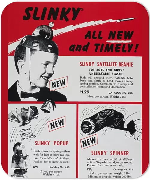 SLINKY ADVERTISEMENT, 1958. American advertisement for various Slinky toys, 1958