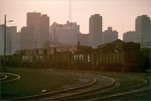 ST. LOUIS: FREIGHT YARD. Twilight view of a freight yard in St. Louis, Missouri. Photographed c1974