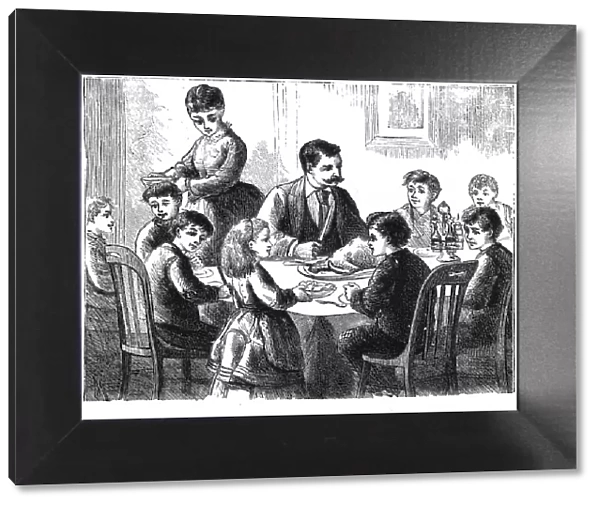 THANKSGIVING DINNER, 1873. American wood engraving, 1873