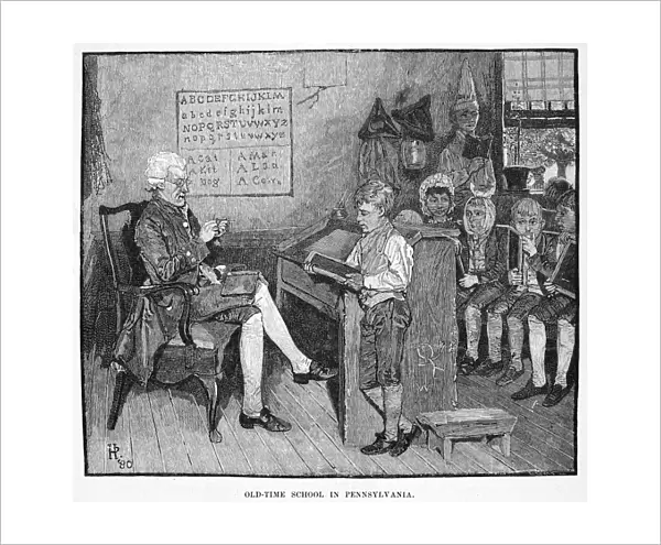 ELEMENTARY SCHOOL. A colonial schoolmaster and his pupils in 18th century Pennsylvania. Wood engraving, American, 1881, after Howard Pyle