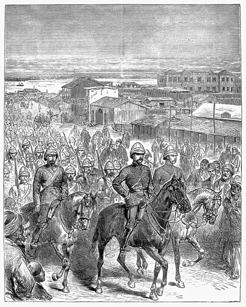 EGYPT: BRITISH OCCUPATION. British troops occupying Ismailia, Egypt, on the Suez Canal, in 1882. Contemporary English wood engraving