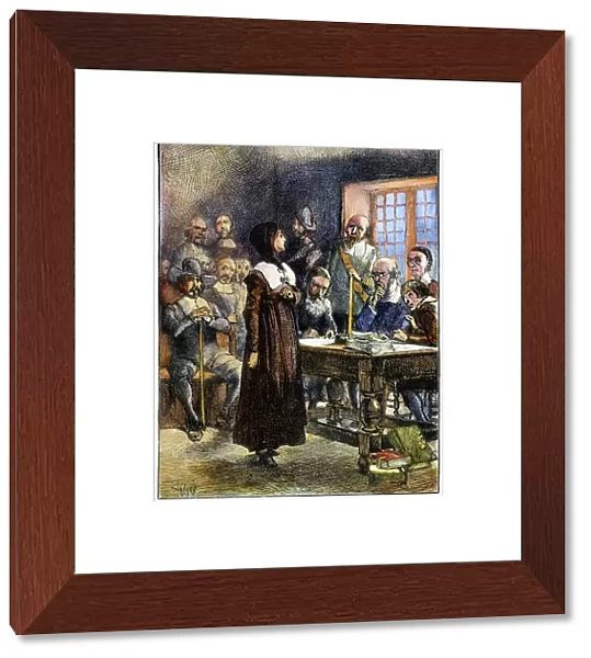 ANNE HUTCHINSON (1591-1643). The trial of Anne Hutchinson at Boston in 1637. Wood engraving, American, 19th century, after Edwin Austin Abbey