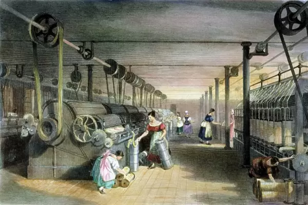TEXTILE MILL: COTTON, 1834. Carding, drawing, and roving of cotton cloth in a textile mill: engraving, 1834
