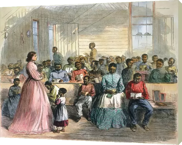 FREEDMENs SCHOOL, 1866. Primary school for Freedmen, in charge of Mrs. Green, at Vicksburg, Mississippi. Wood engraving, American, 1866