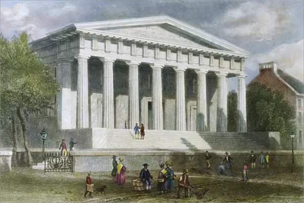 SECOND BANK OF U. S. The Second Bank of the United States on lower Chestnut Street, Philadelphia. Colored engraving, 1839, after William Henry Bartlett