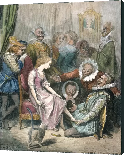 PERRAULT: CINDERELLA, 1867. Cinderella trying on the slipper. Colored engraving from an 1867 edition of the Perrault fairy tale illustrated after Gustave Dor