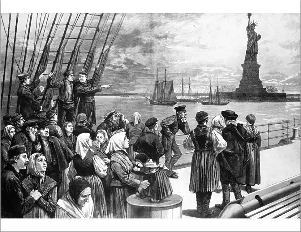 IMMIGRANTS ON SHIP, 1887. Immigrants on the steerage deck of an ocean steamer passing the Statue of Liberty in New York Harbor. Engraving, 1887