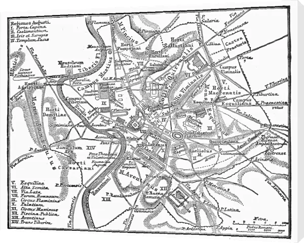 ROMAN EMPIRE: MAP OF ROME. Plan of Rome at the time of Augustus, first Roman emperor, 27 B. C. -14 A. D