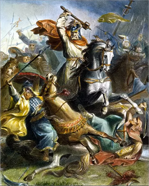 CHARLES MARTEL (c688-741). Frankish ruler, Duke of Austrasia, 715-741. Charles Martel defeating the caliphs army under Abd-er-Rahman at Tours, France, 732. Steel engraving, 19th century, after Georg Bleibtreu
